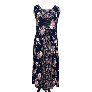 VTG Starina Midi Dress M Blue Floral Corset Lace Up Cottage Boho Feminine 90s